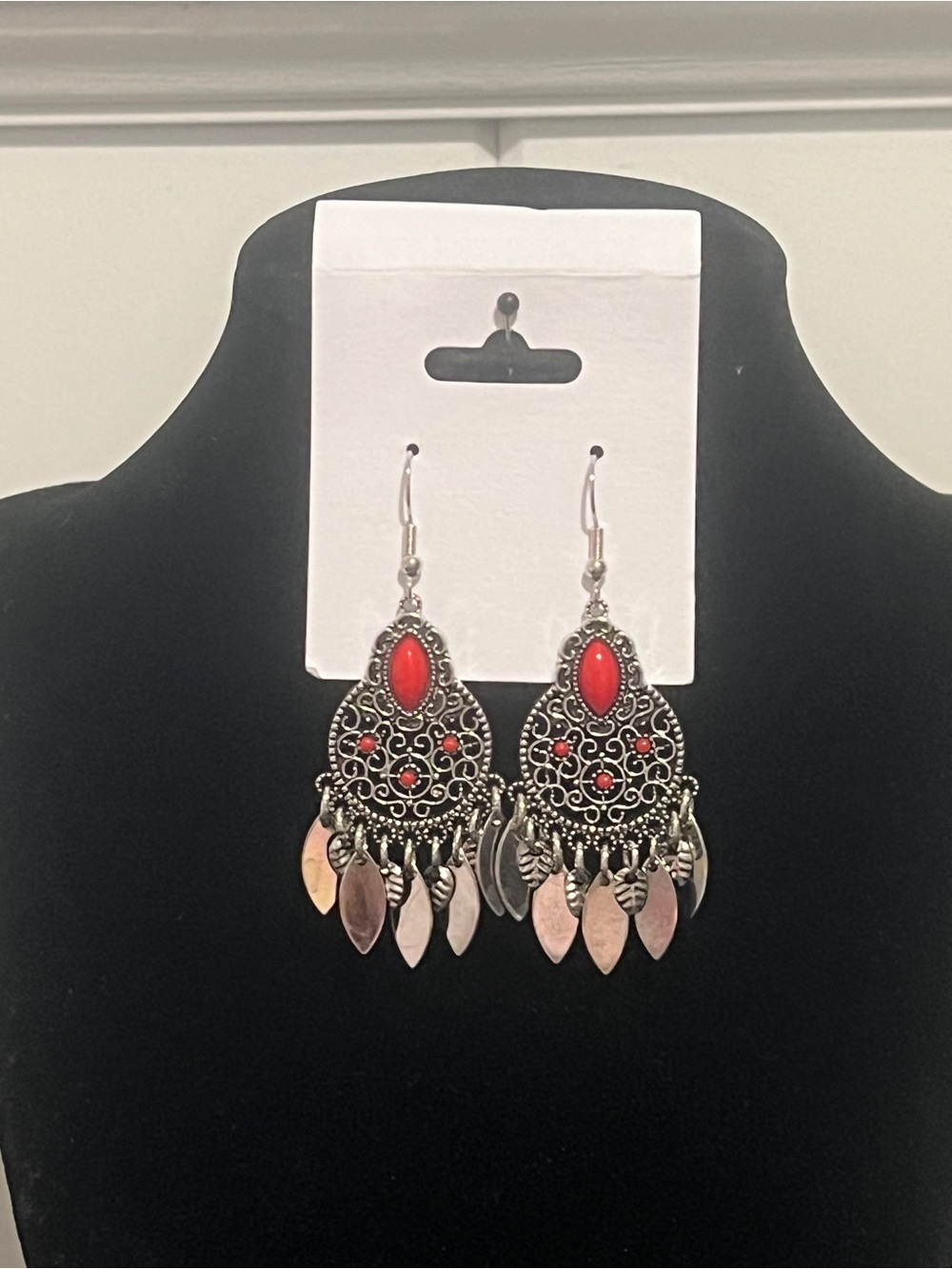 Paparazzi Silver-Tone Filigree Dangle Earrings with Red Accents